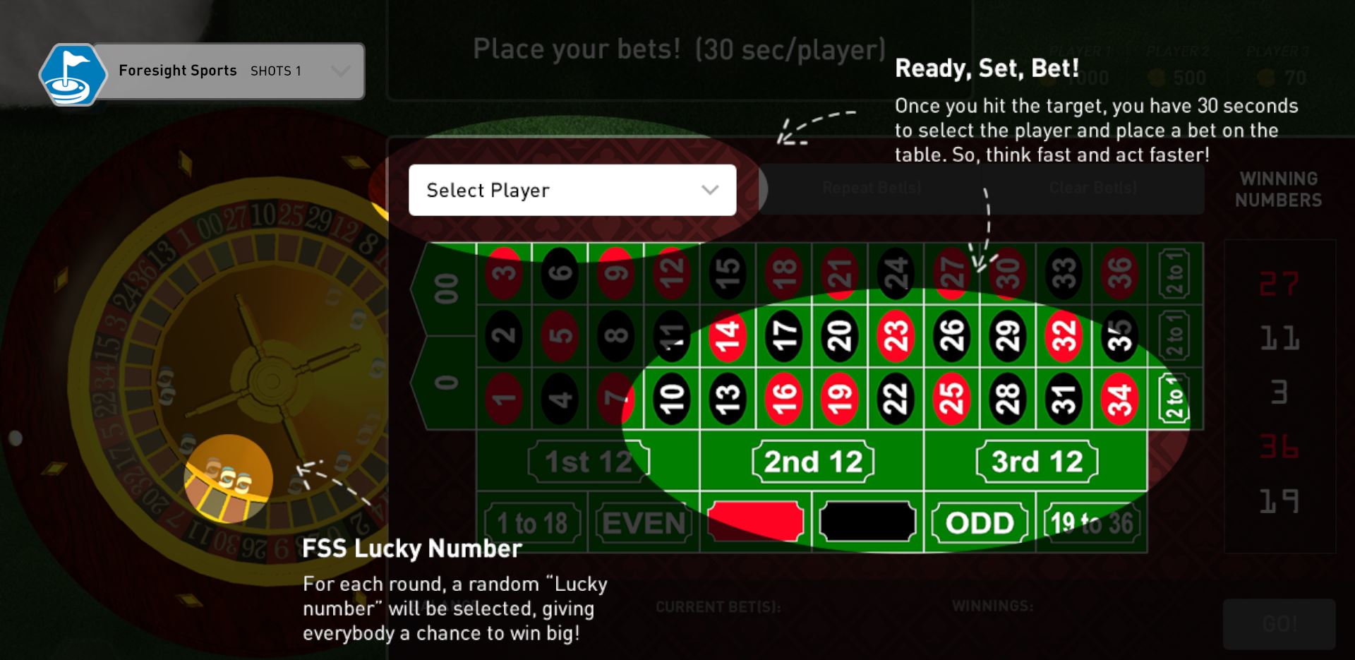 Golf Roulette Place A Bet Tutorial Screen